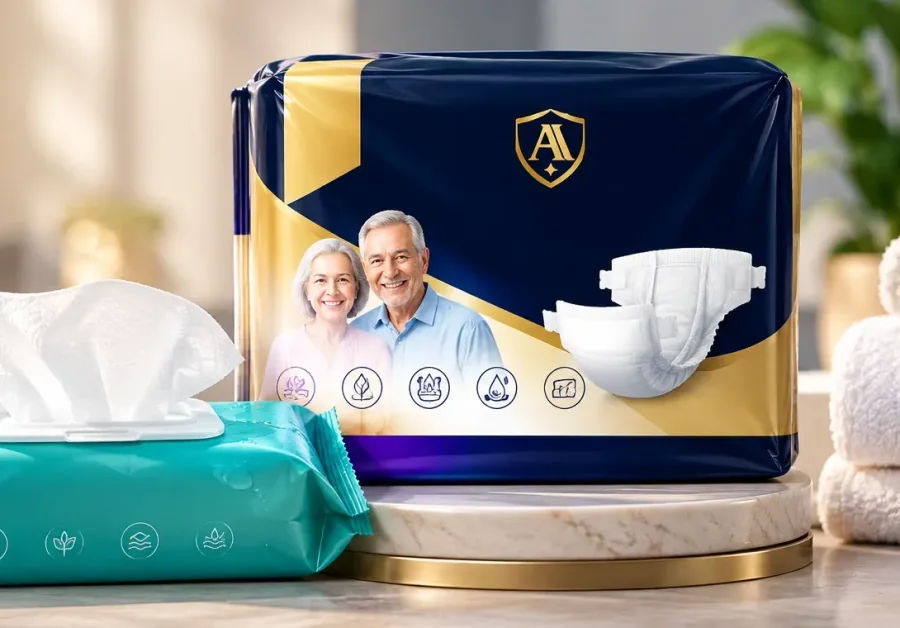 An Aaegis Secure adult diaper pack beside disposable bath towels on a bathroom counter