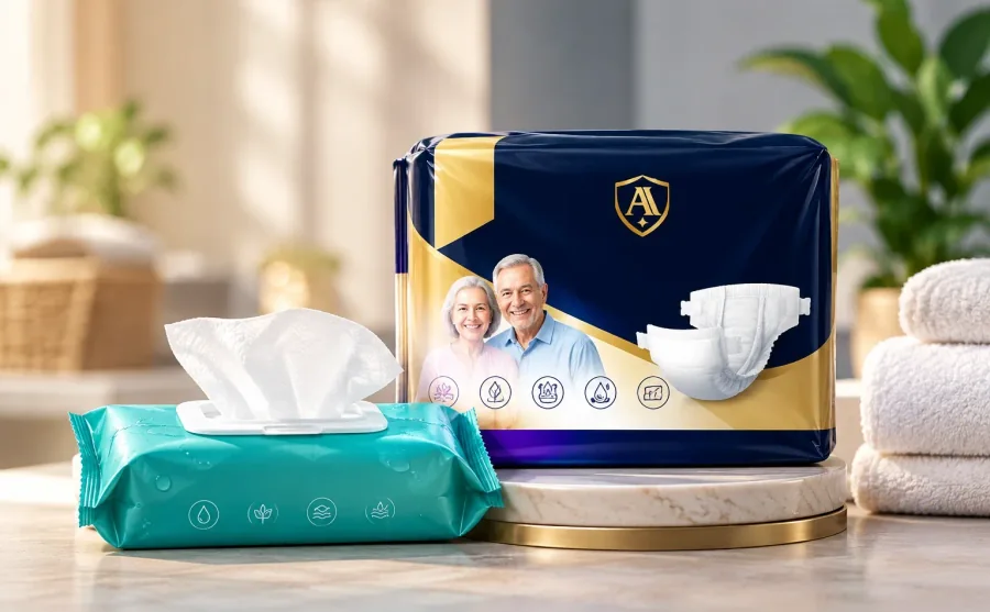 Aaegis Secure adult diapers and disposable bath towels ready on a bathroom counter
