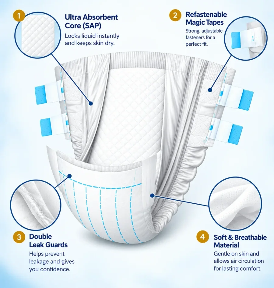 Labelled cutaway of an Aaegis Secure adult diaper showing the ultra absorbent SAP core, refastenable magic tapes, double leak guards and breathable material